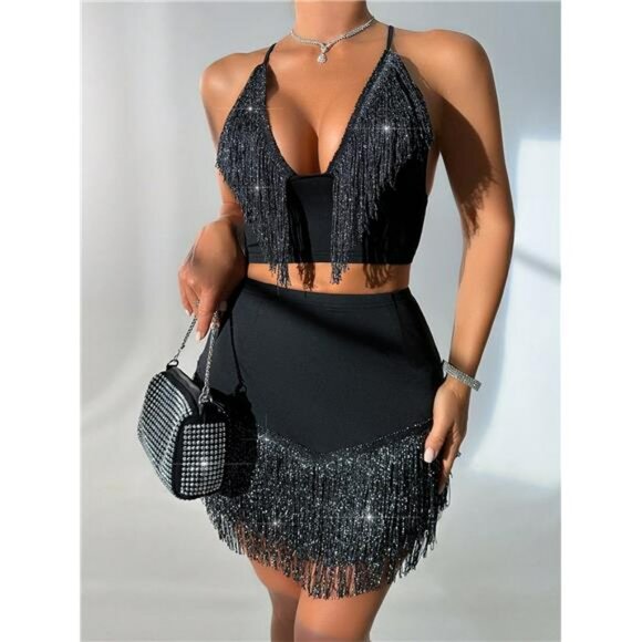 SXY Fringed Sleeveless Tassel Top And Bodycon Skirt Two-Piece Set - Picture 1 of 5